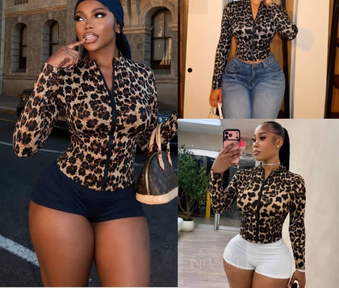 Leopard Print Zip-Front Long Sleeve Top