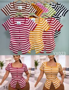 Striped Square Neck Button Front Top with Heart Buttons and Side Slit