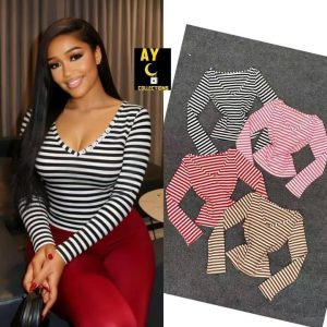 Striped V-Neck Long Sleeve Top with Button Detail