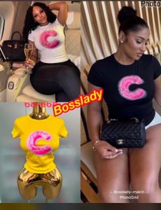 Fluffy Pink Letter C Fitted T-Shirt for Women