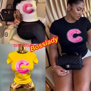 Fluffy Pink Letter C Fitted T-Shirt for Women
