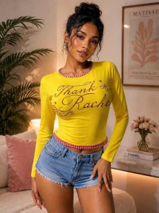 Yellow Script Print Long Sleeve Top with Gingham Trim