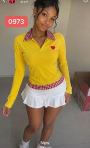 Yellow Polo Collar Long Sleeve Top with Gingham Collar and Hem