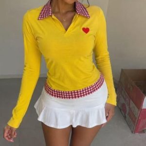 Yellow Polo Collar Long Sleeve Top with Gingham Collar and Hem