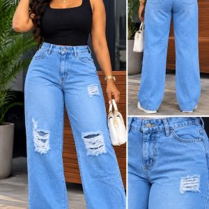 Light Blue Ripped Wide Leg Jeans for Women
