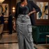 Grey Denim Cargo Maxi Skirt with Front Slit