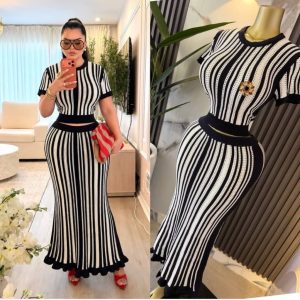Striped Knit Crop Top and Maxi Skirt Set