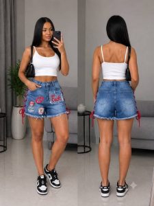 Patchwork Lace-Up Denim Shorts for Women
