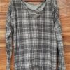 Grey Plaid Long-Sleeve Top with Cut-Out Neckline
