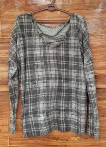 Grey Plaid Long-Sleeve Top with Cut-Out Neckline