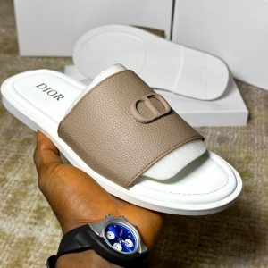 Dior-Style Men’s Slides (Taupe & White)