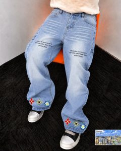 Light Wash Baggy Jeans with Floral Embroidery and Slogan Print