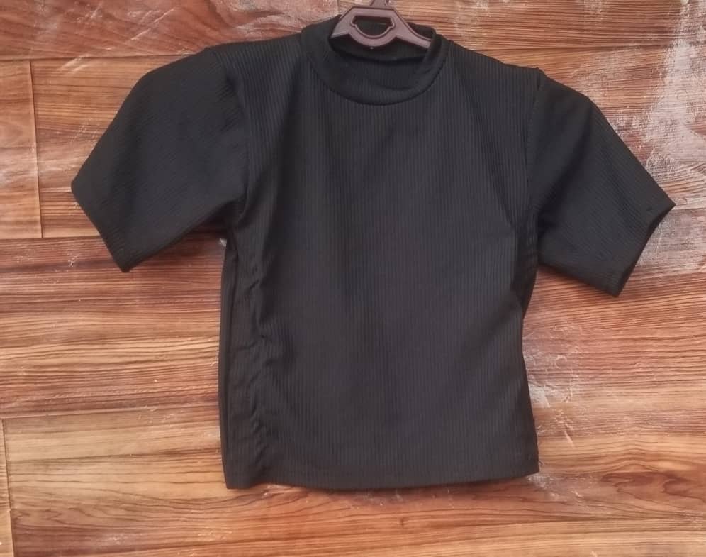 Black Ribbed Mock-Neck Short-Sleeve Top