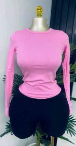 Pink Ribbed Long-Sleeve Fitted Top