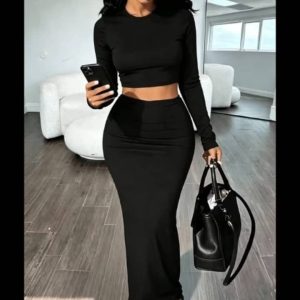 Black Long-Sleeve Crop Top and Maxi Skirt Set