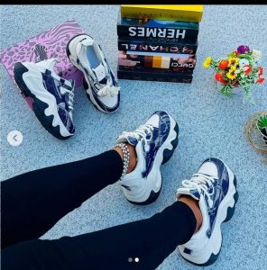 Denim-Panel Chunky Platform Sneakers, Navy and White