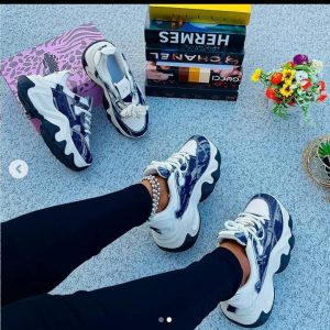 Denim-Panel Chunky Platform Sneakers, Navy and White