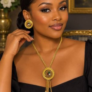 Gold Woven Medallion Necklace and Earring Set with Coloured Stones