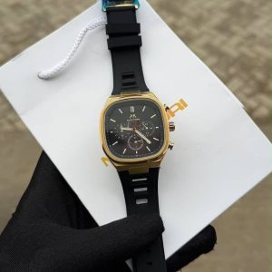 Men’s Gold Case Chronograph-Style Watch with Black Silicone Strap