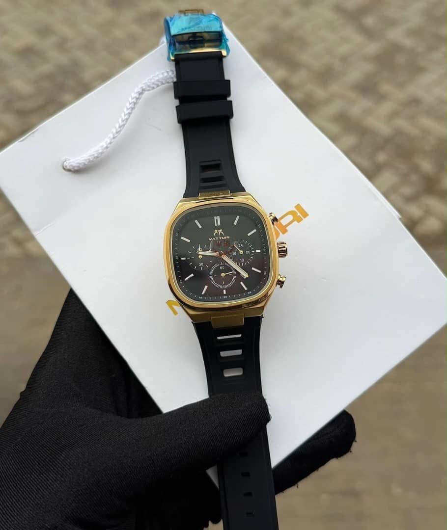Men’s Gold Case Chronograph-Style Watch with Black Silicone Strap