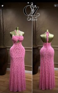 Pink Ditsy Floral Halter Maxi Dress with Cut-Out and Open Back