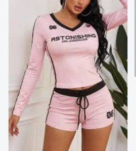 2 Piece Pink Long Sleeve Crop Top and Drawstring Shorts Set