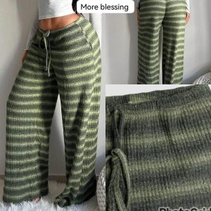 Women’s Green Striped Knit Wide-Leg Pants