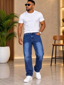Men’s Blue Washed Baggy-Leg Jeans