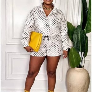 Women’s Polka-Dot Two-Piece Set: Shirt and Drawstring Shorts